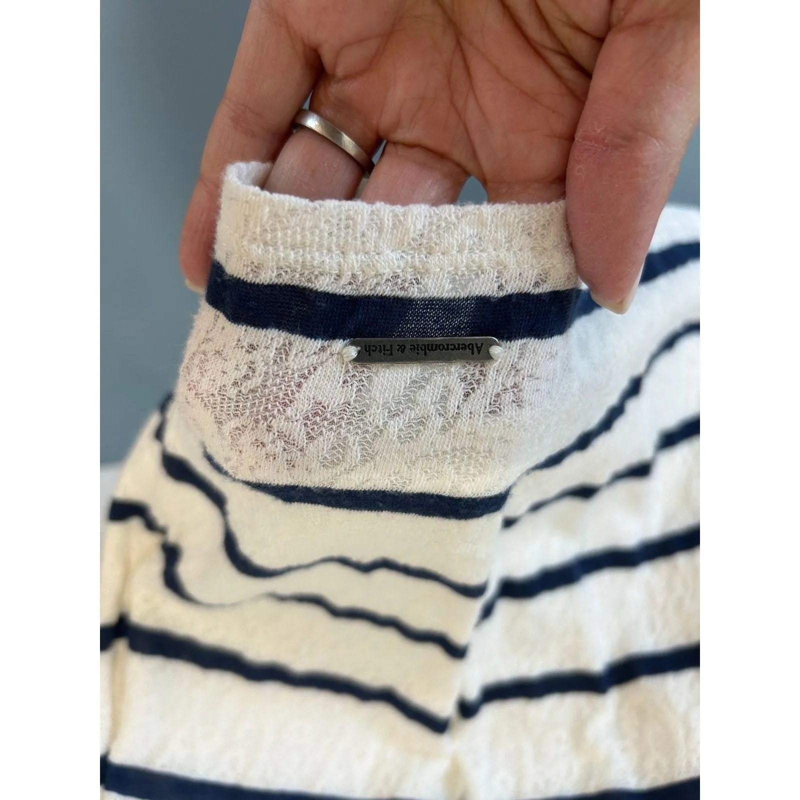 Abercrombie & Fitch bodycon y2k dress white blue stripes lace long sleeve size L - Image 4