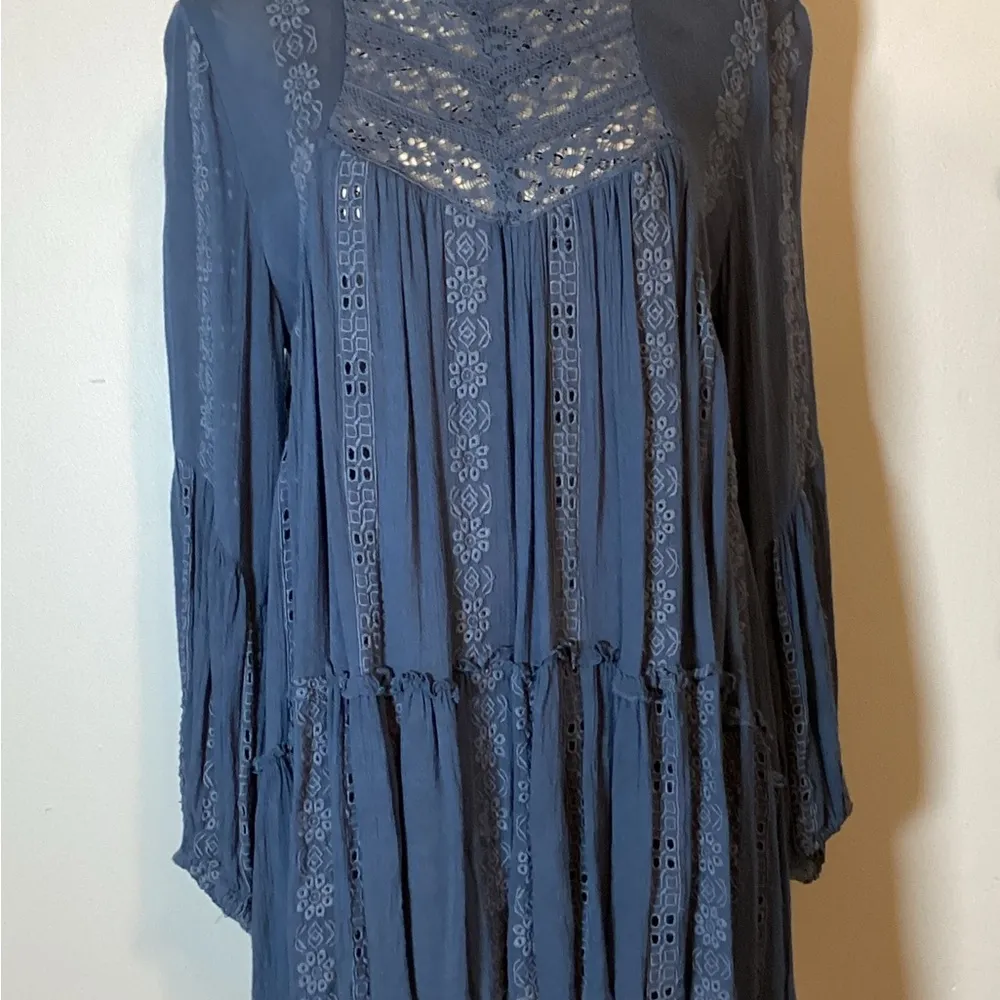 FREE PEOPLE KISS KISS EMBROIDERED BOHO Lace Tunic/Dress DENIM BLUE SIZE S/P - Image 4