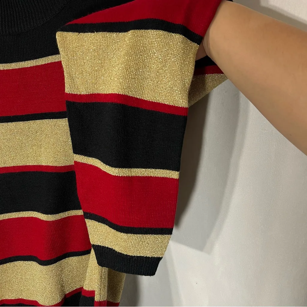Vintage Lise J Women Mock Neck Red Black Gold Grlitter‎ Striped Sweater Size L Size L - Image 3