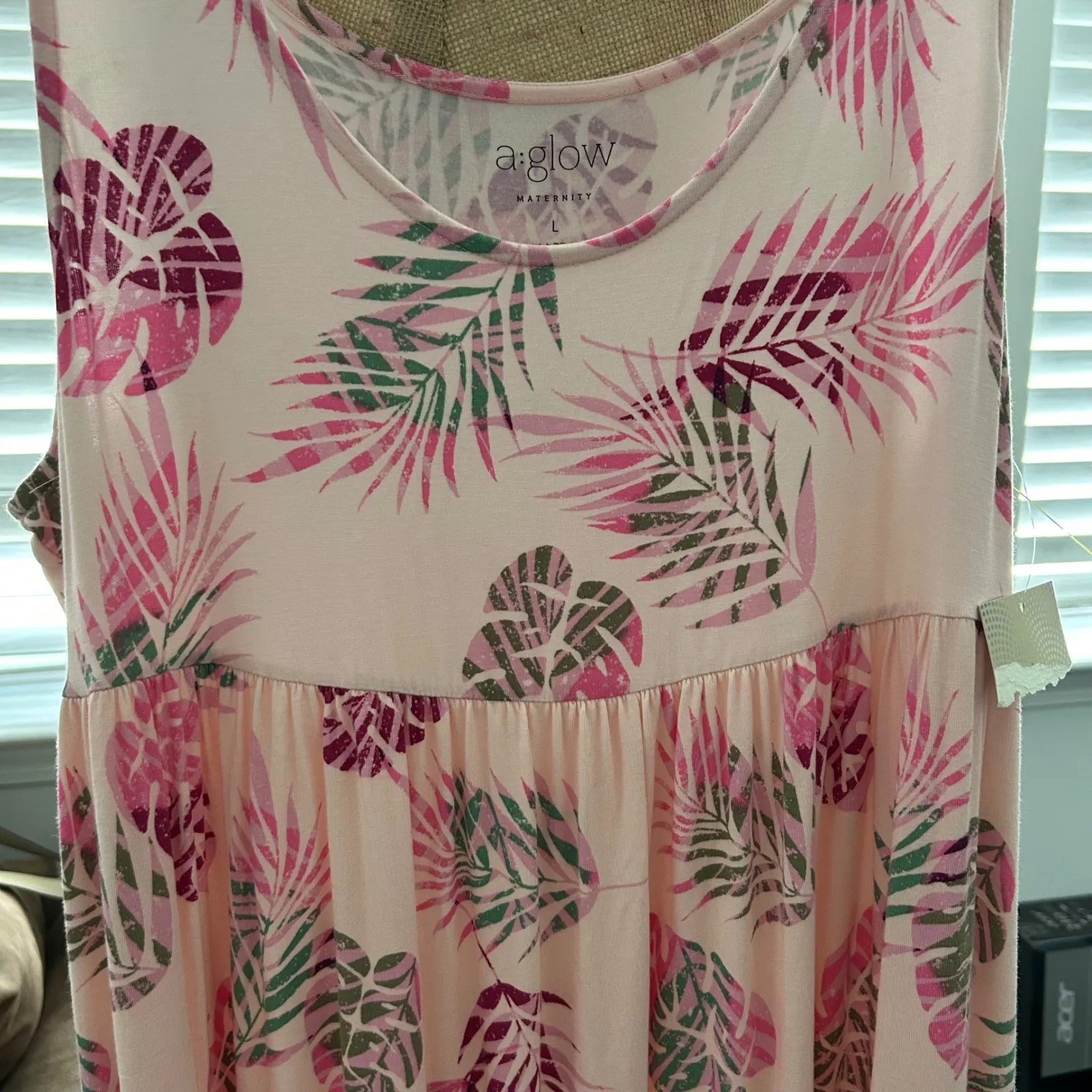 A Glow Maternity Maxi Dress Sleeveless Pink Palm Print Casual‎ Size L NWT Size L - Image 3