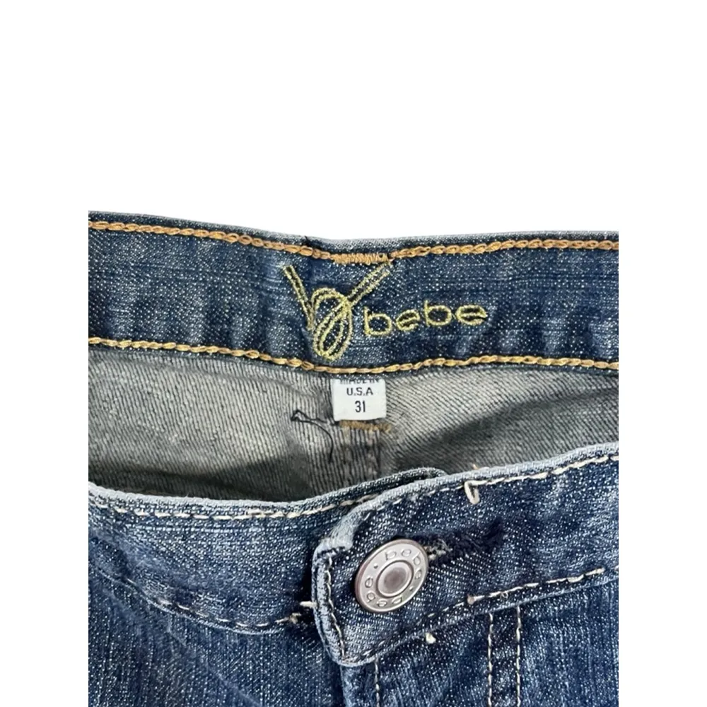 Bebe Vintage Y2K Patchwork Embroidered Bling Denim Blue Jeans Size 31 Bootcut - Image 6