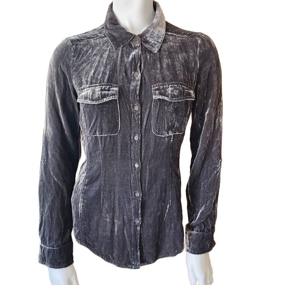 Ecru Gray Crushed Velvet Button Down Top - Image 3