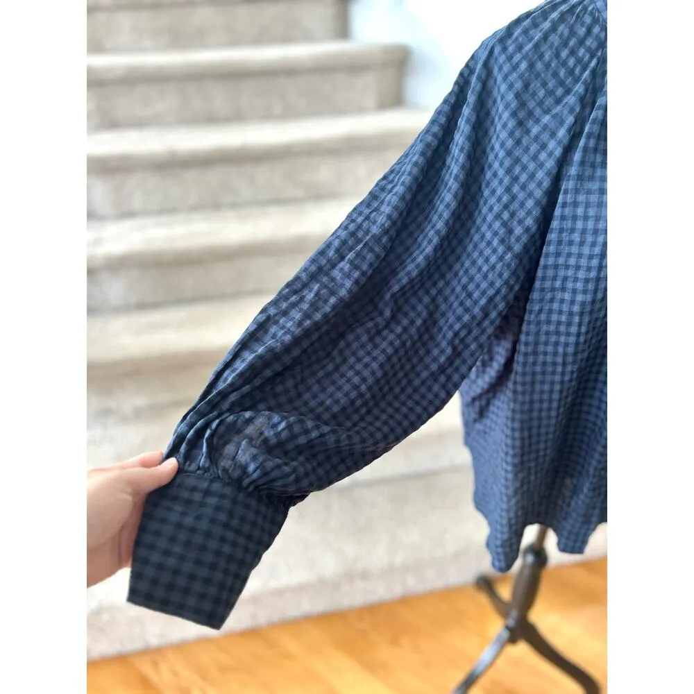 J.Crew  Navy & Black Checked Plaid Ruffle Collar Button Front Blouse - Image 2