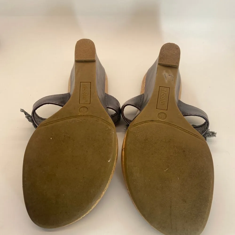 Nicole Pewter Flower Wedge Cork Sandals Slides women sz 7 - Image 7