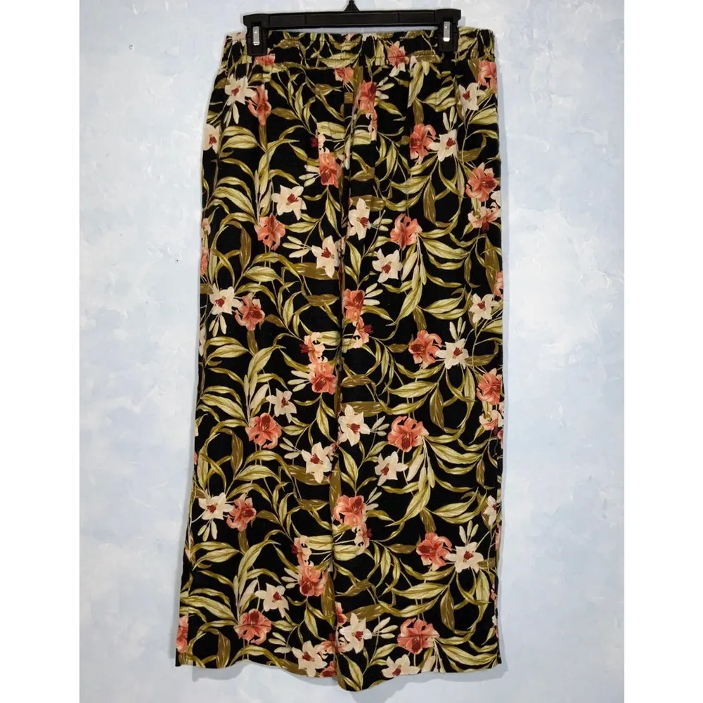 Kensie Linen Blend Black Floral High Waist Wide-Leg Cropped Pants Pockets Medium - Image 4