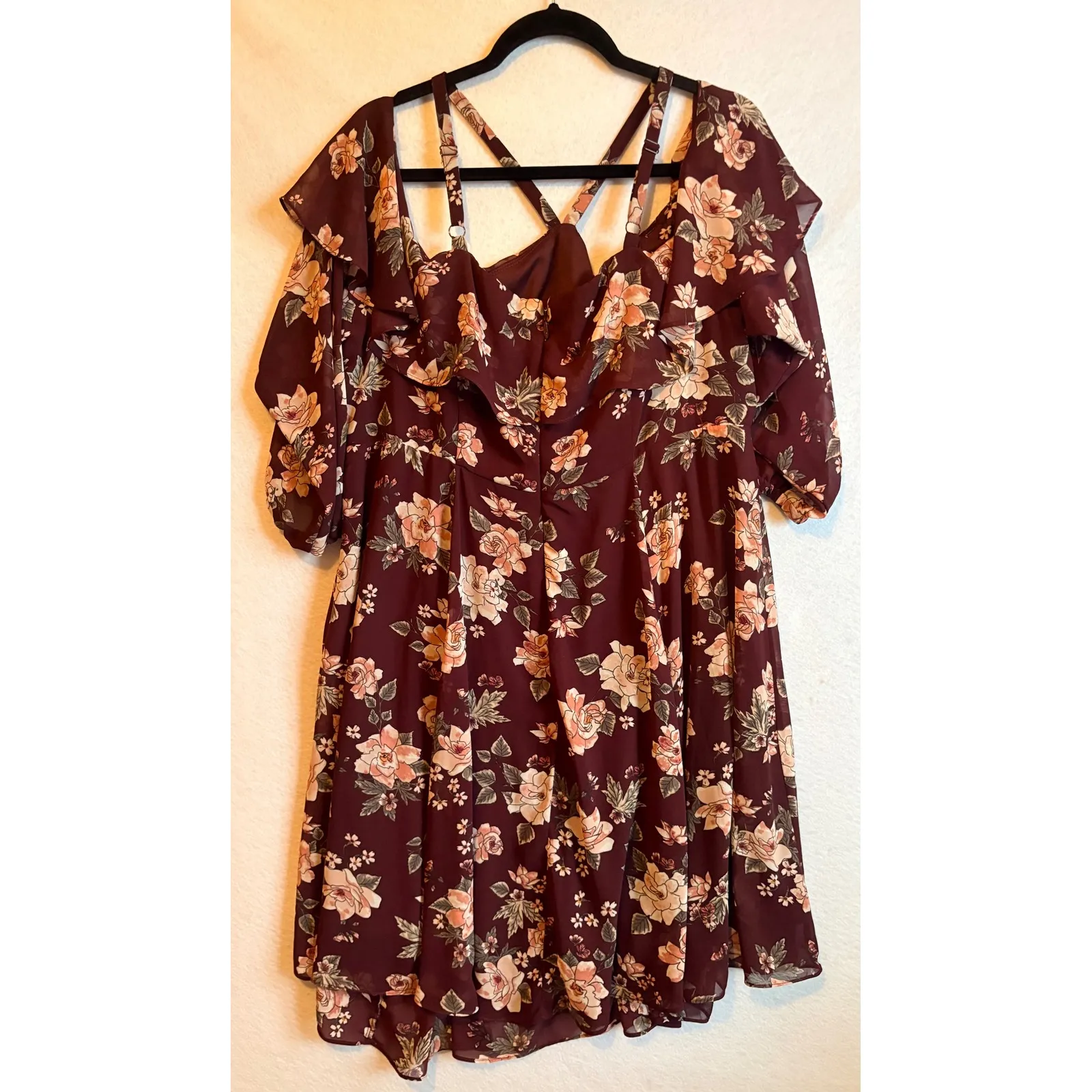 Torrid Burgundy Floral Cold Shoulder Ruffle Chiffon Skater Dress Plus Size 20 - Image 4