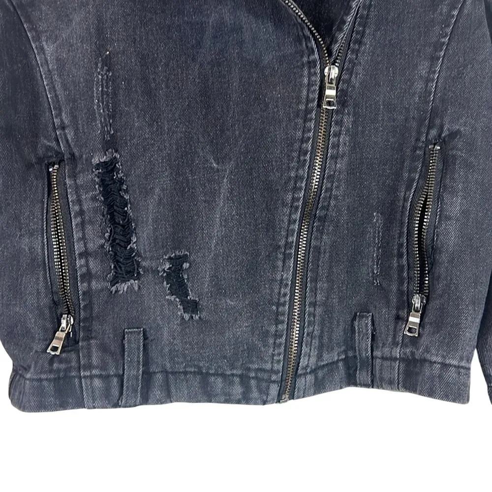Ci Sono Jacket Womens M Black Moto Denim Biker Distressed Crop Rocker Grunge Y2K - Image 2