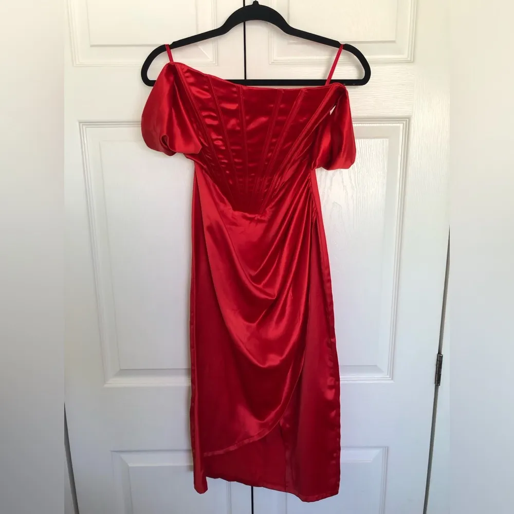 Red Satin Corset Side Slit Midi Dress Size M Size M - Image 2