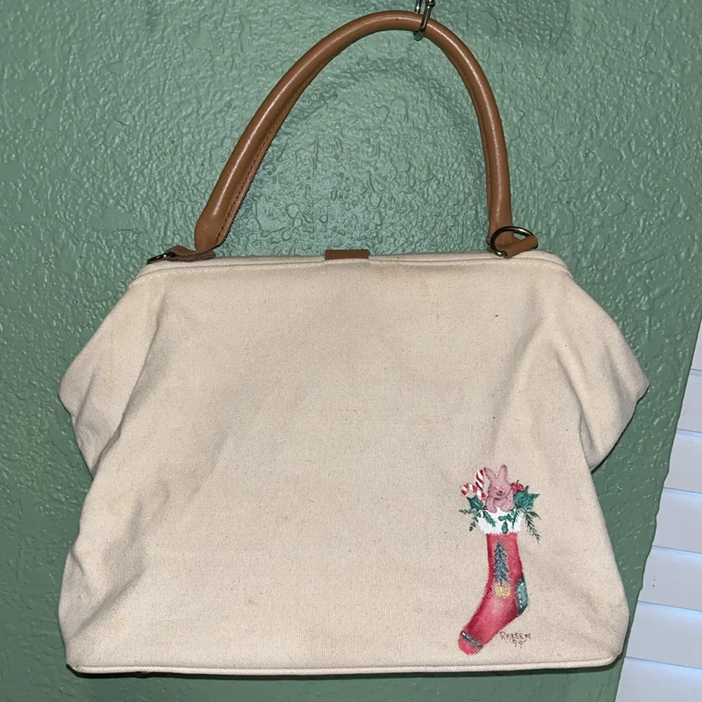 Vintage Hand painted Santa Canvas Tote Bag with Tan Handles Christmas Purse - Image 5