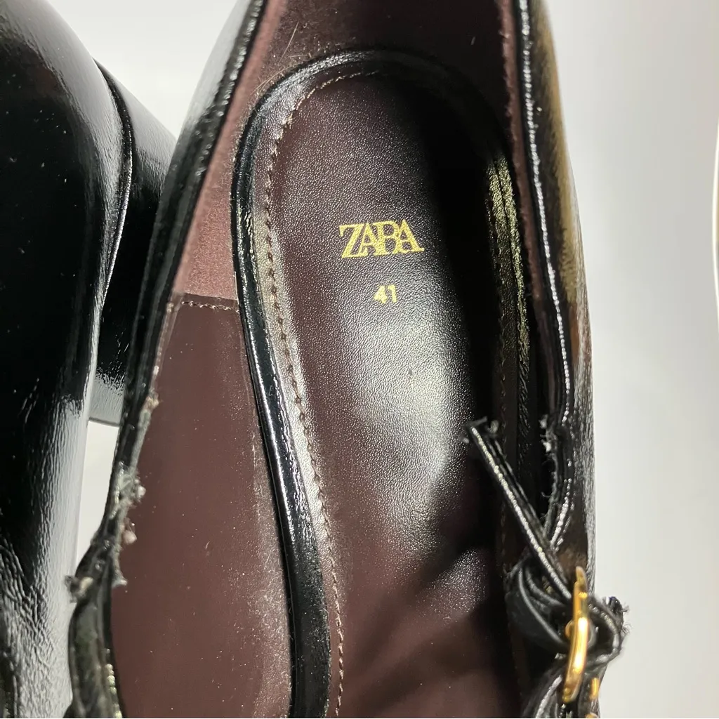 Zara‎ black faux patent leather dress shoes block heels double strap women’s 41 - Image 7