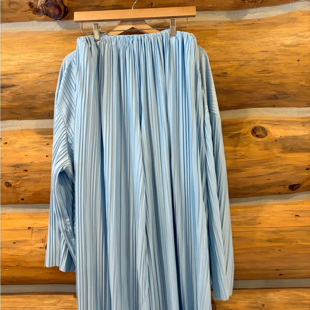 Commense Leisure Pleated 2pc Set sz L Blue Oversize Button Up Top Wide Leg Size L - Image 5