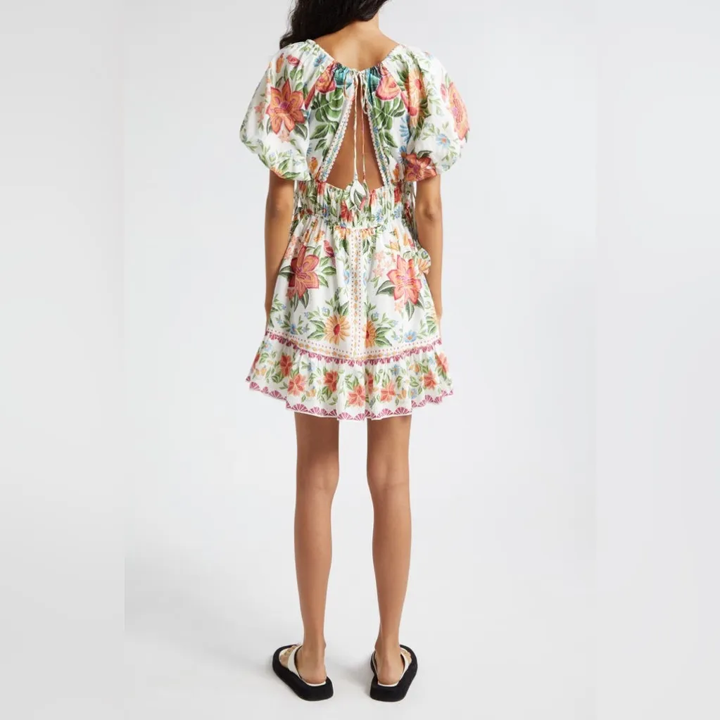 NWOT Farm Rio Bloom Garden Short Sleeve Mini Dress in White Floral Print - Image 3