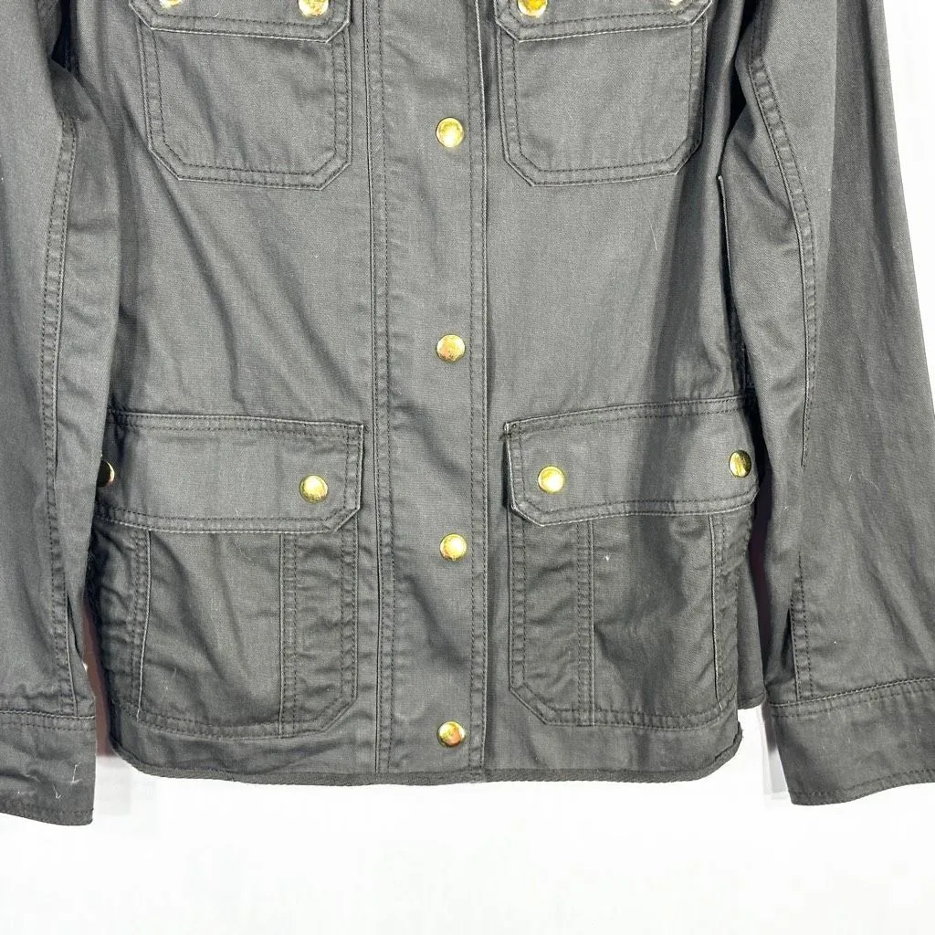J Crew Size XXS Jacket Resin Coated Twill Dark Green Gold Snap Zip‎ Pockets 403 - Image 5
