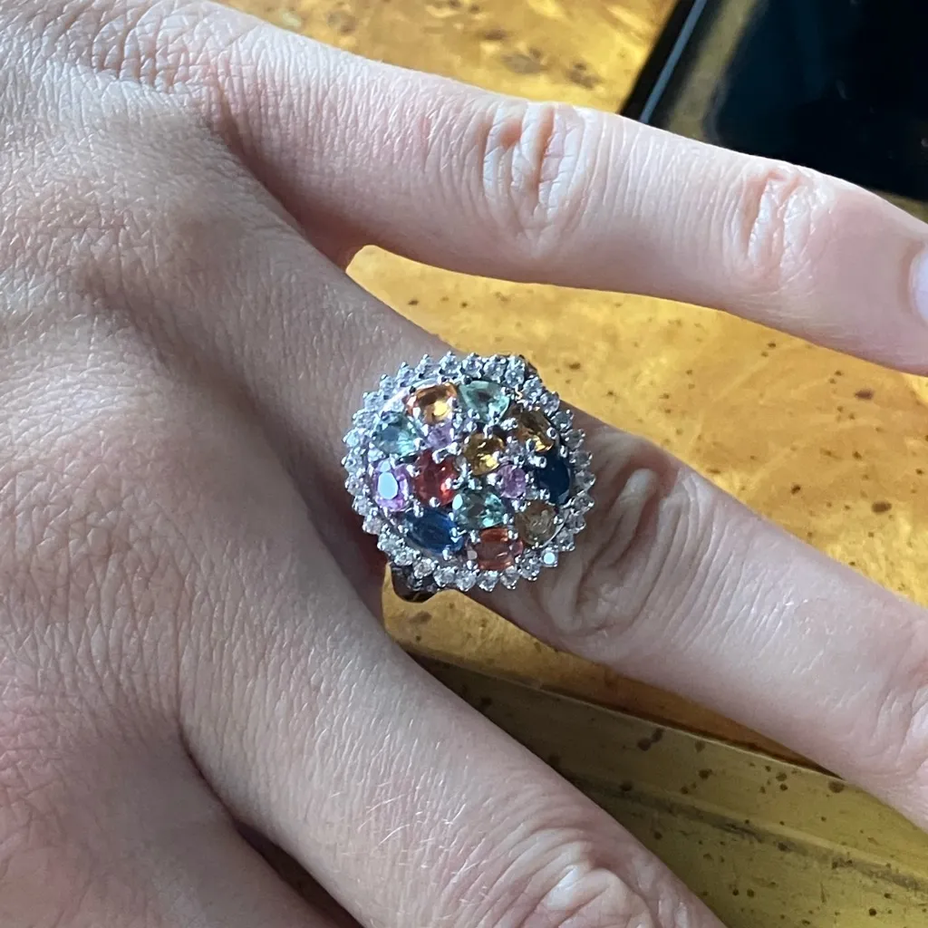 Natural Multi Color Sapphire Sterling Silver Cocktail Ring Size 7.25 - Image 4