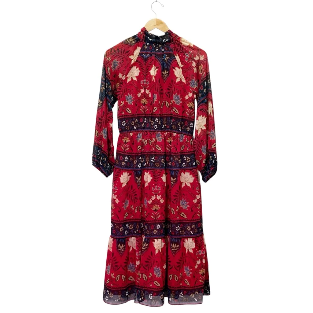 NWT LOFT Red Floral Bow Neck Tiered Midi Dress Western Boho Sheer Sleeve Size SP - Image 4