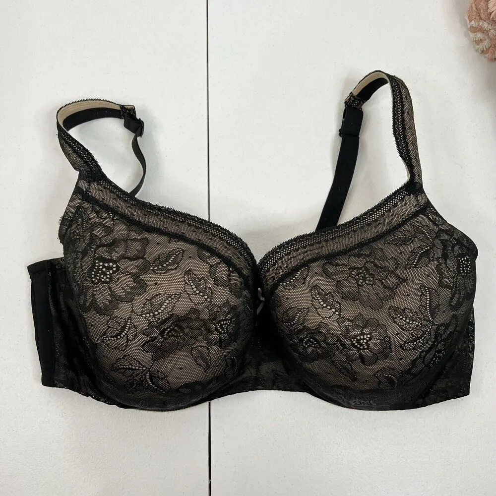 Cacique Size 44F Bra Lightly Lined Balconette Black Lace Beige Under Underwired - Image 2