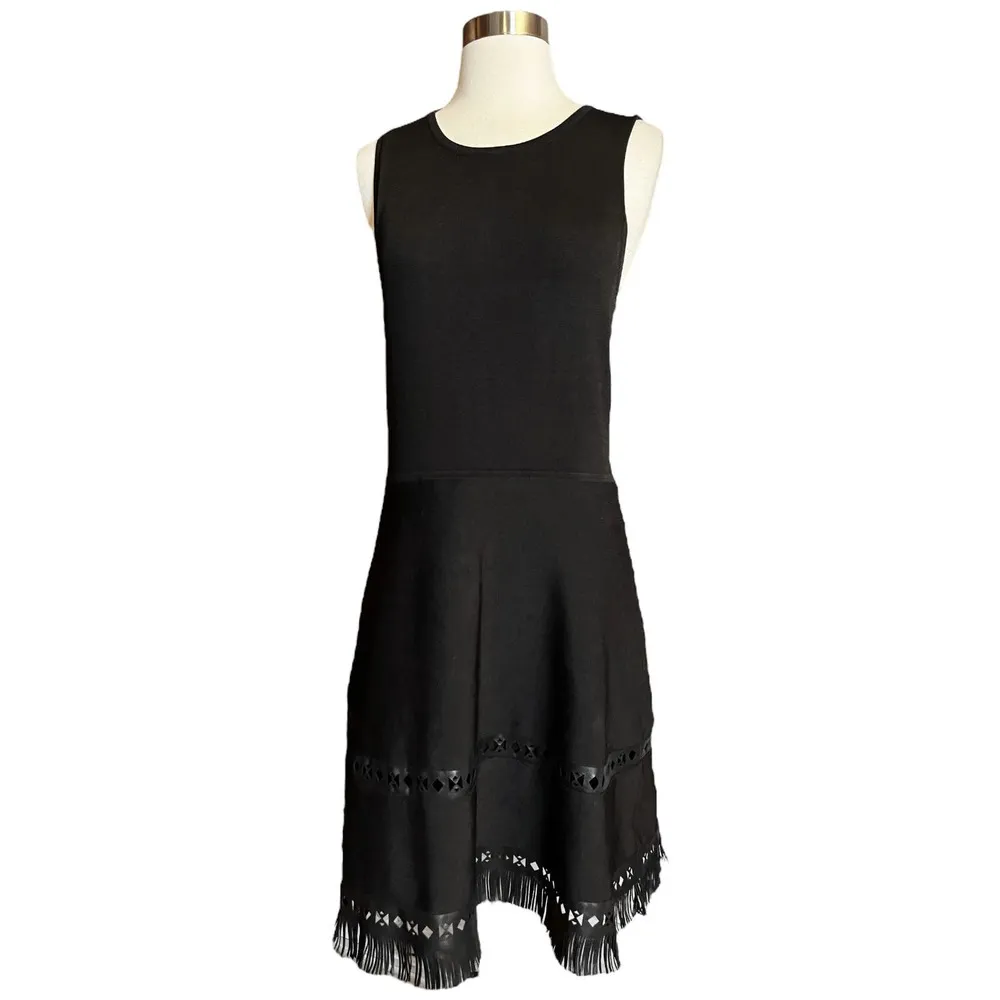 PARKER Black Knit Dress Faux Leather Cutout Trim Fringe Fit and Flare Medium EUC - Image 11