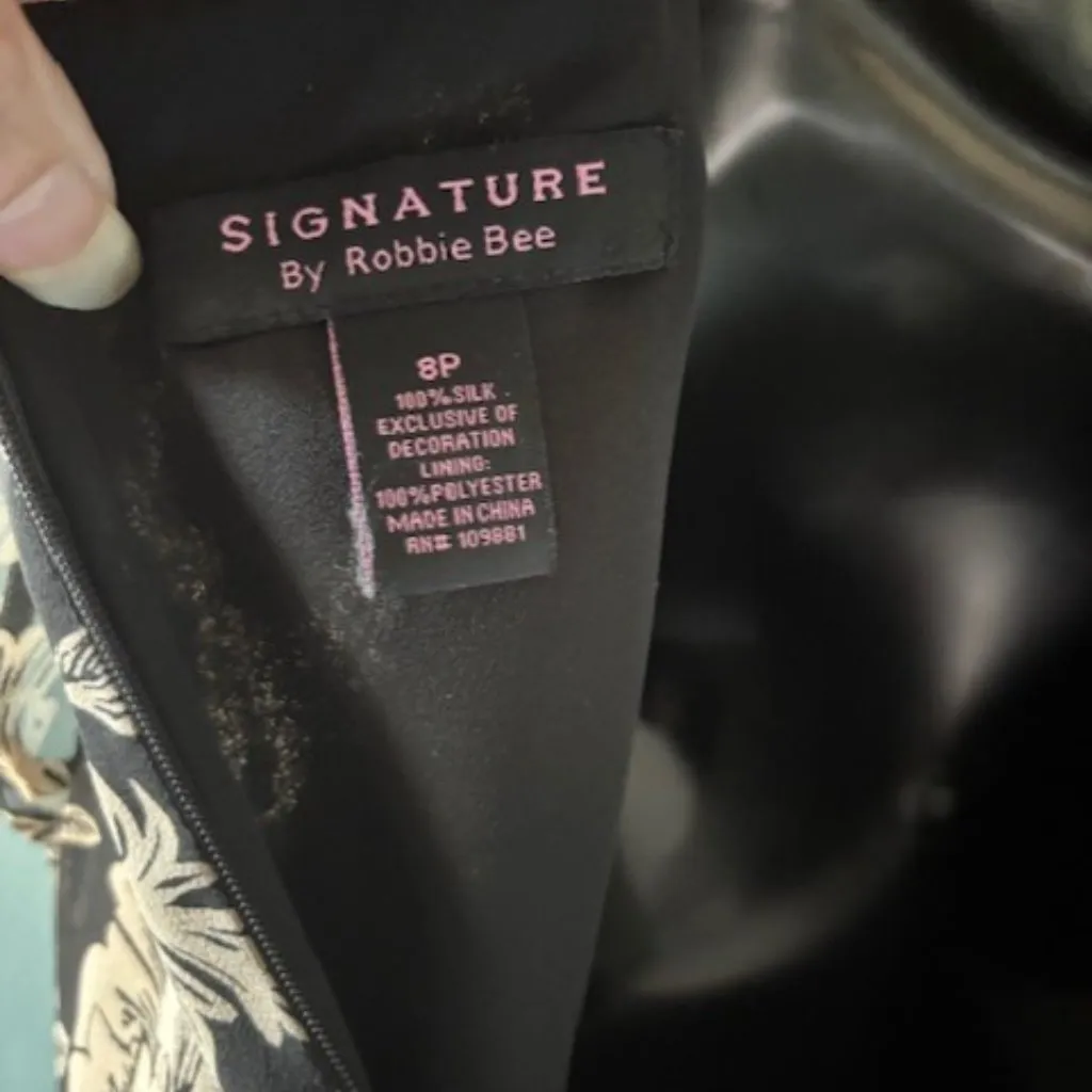 Signature Robbie Bee 8P Black Brown Floral Dress V Neck Sequin Silk Classic Chic - Image 7