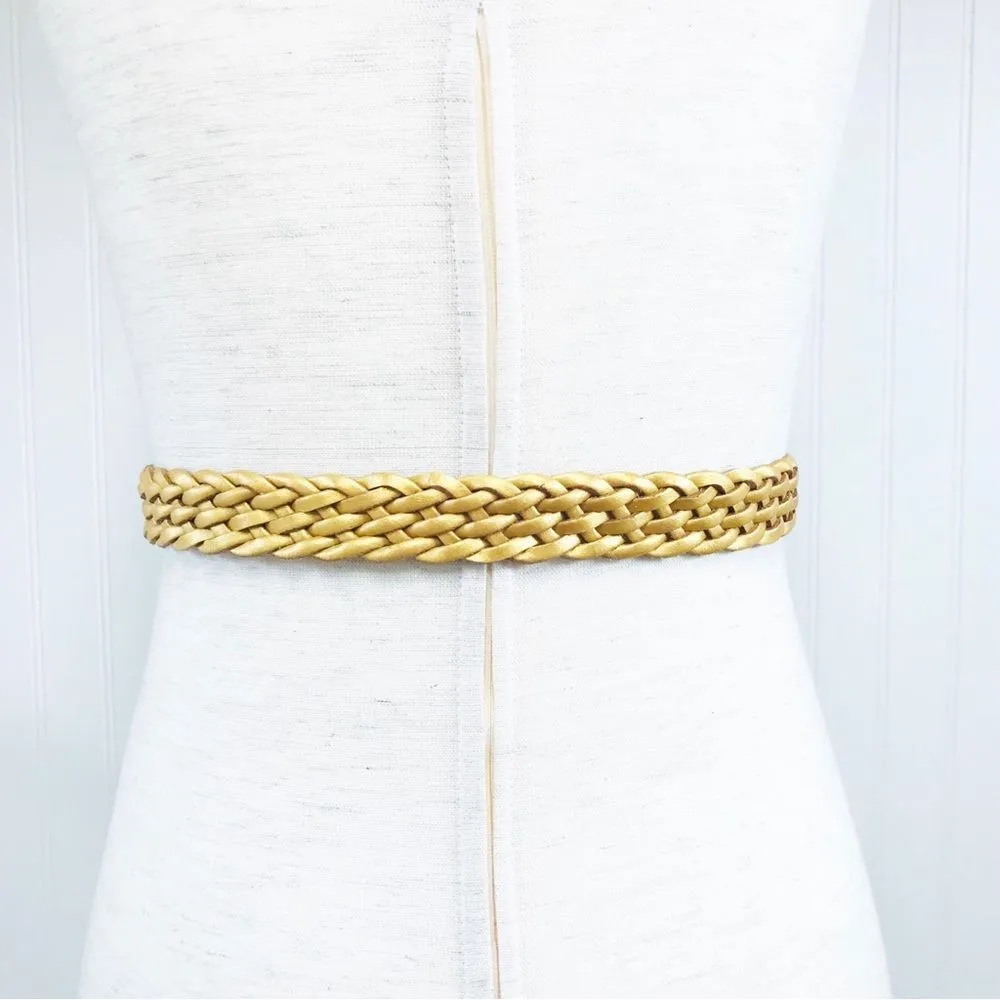 VINTAGE 90s Gold Metallic Woven Leather Belt Braided Y2K Retro Medium Large Gold - Image 3