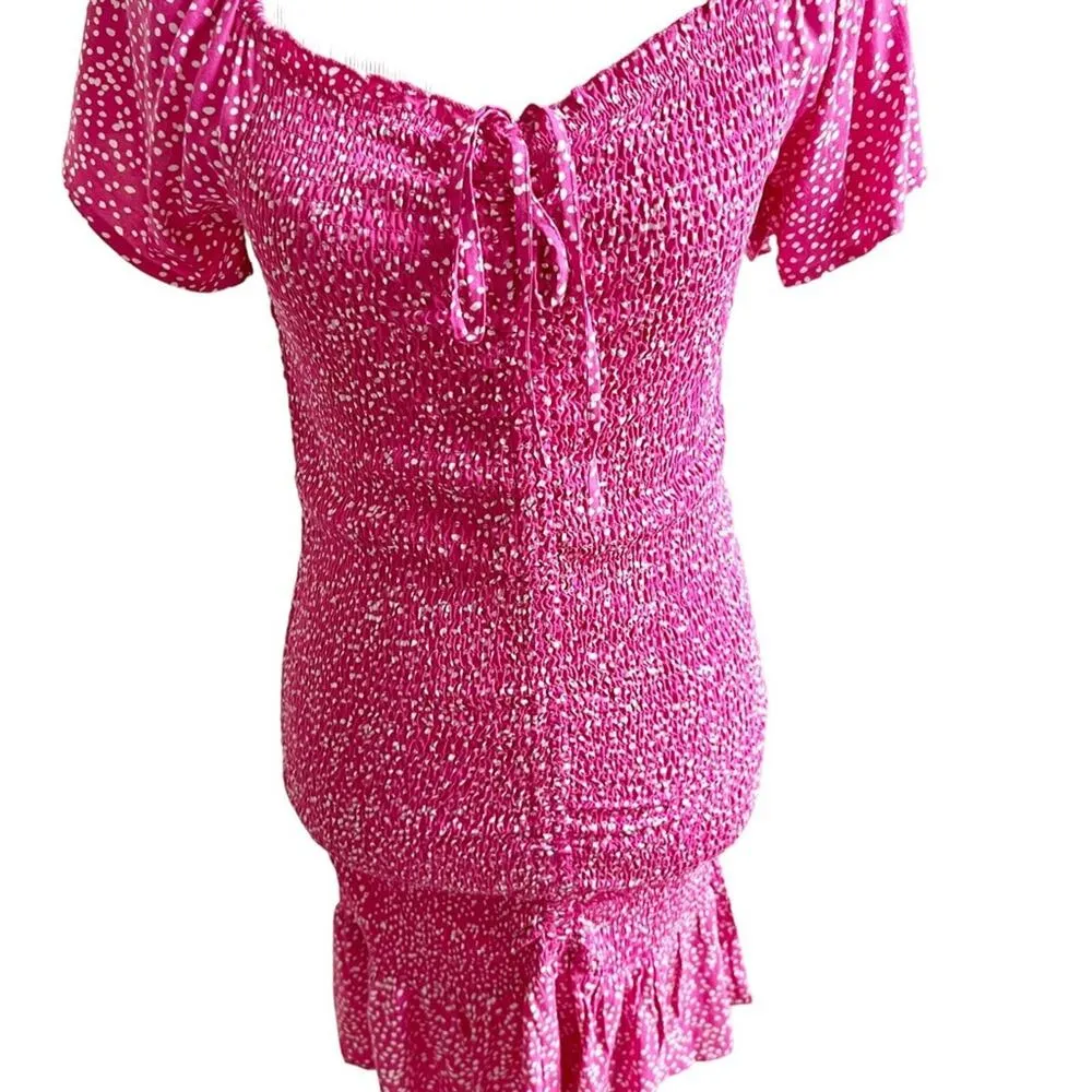 Japna Polka Dot Hot Pink Stretch Mini Dress Size Small Ruched Barbie - Image 5