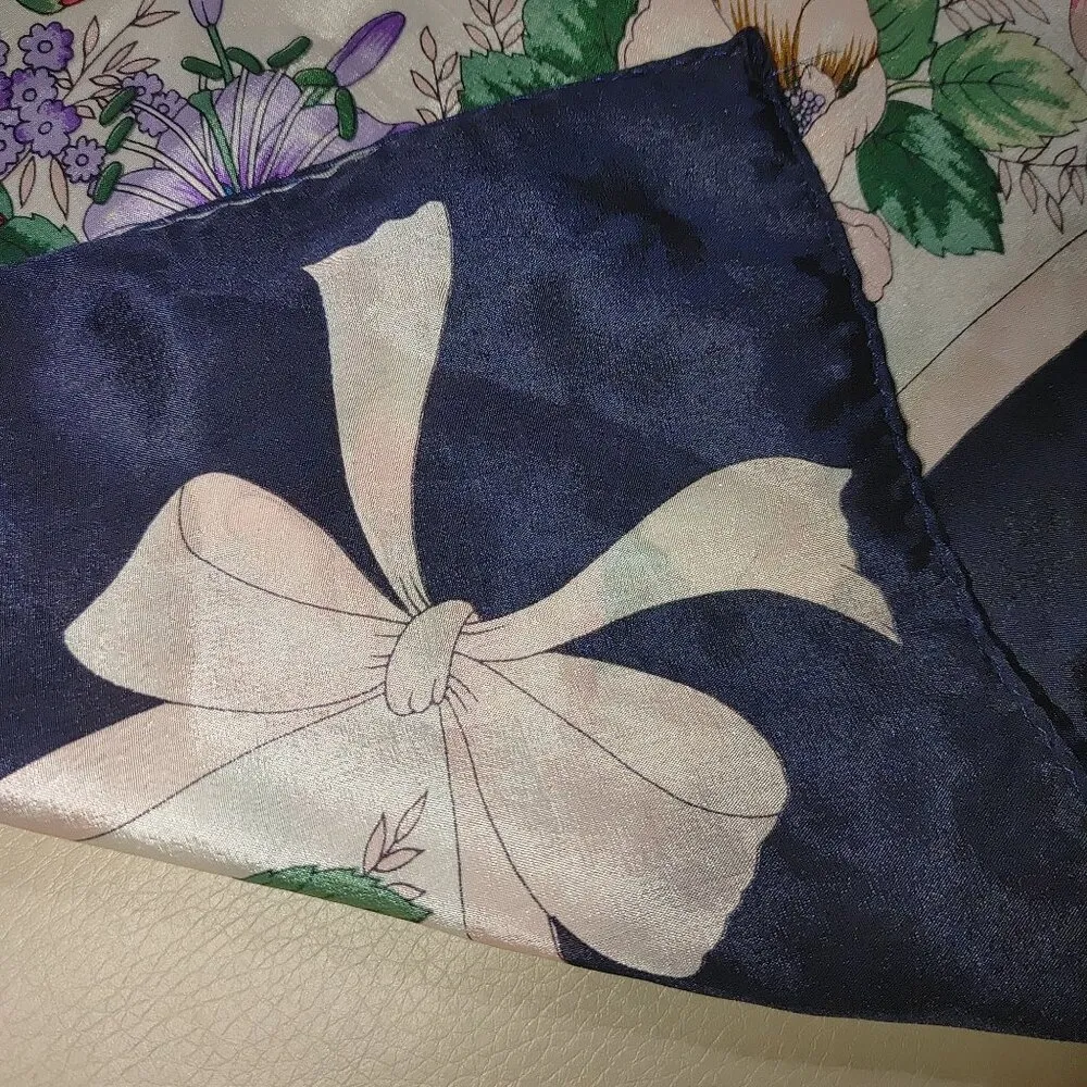 Flowers Floral Print Satin Square Scarf 30 by 30 Navy Border Bow Design - Image 5