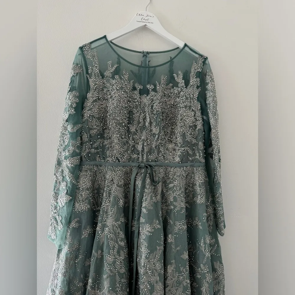 MAC DUGGAL Embellished Bow Belt Illusion Long Sleeve A Line Dress in Jade 12 - Image 12