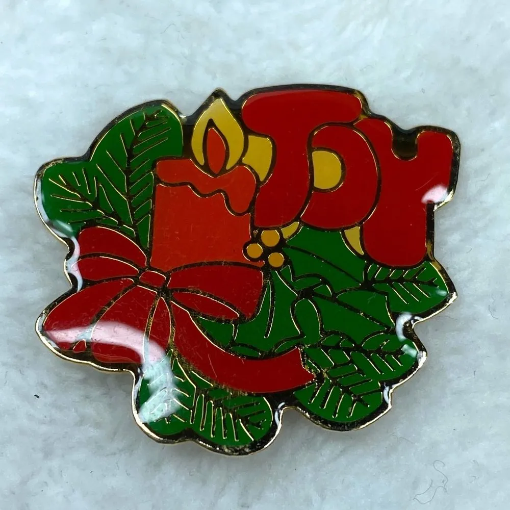 Christmas Holiday Enamel Pin Brooch Joy Candle Holly Bow Vintage - Image 5