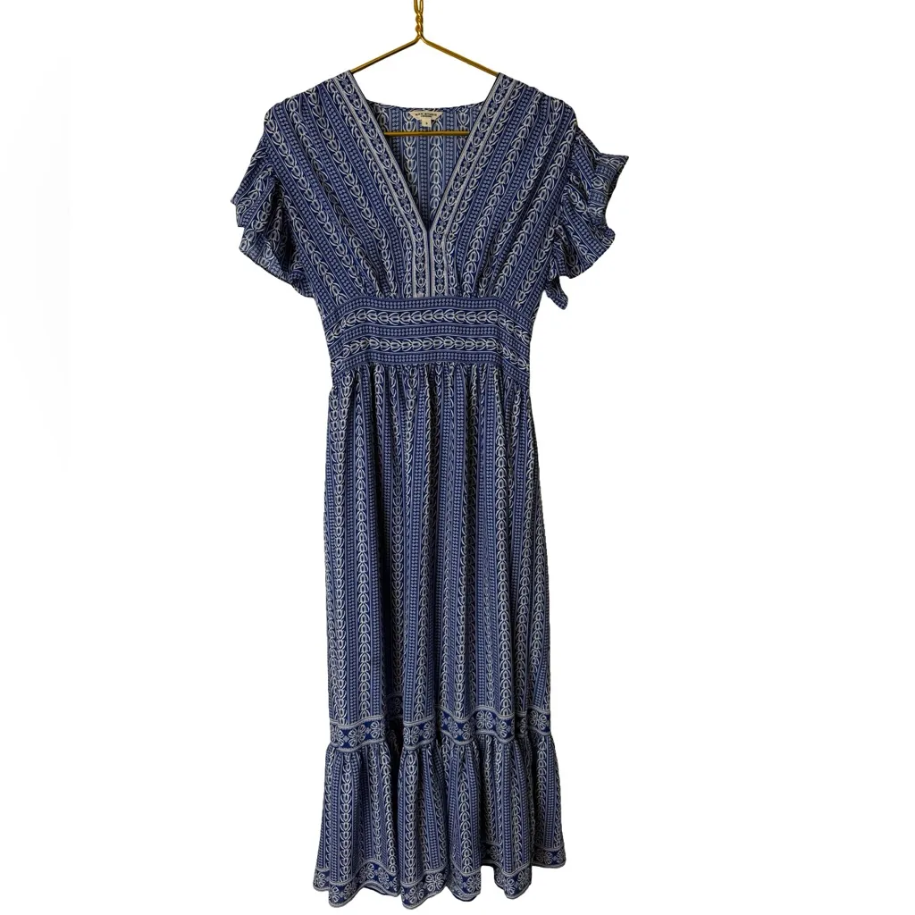 💙✨ MAX STUDIO Blue Flutter Sleeve Floral Tiered Maxi Dress 🌸 Size S – EUC - Image 3