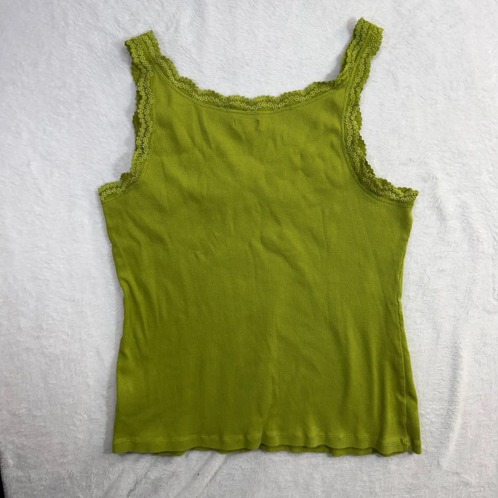 APT 9 1X Tank Top Lime Green Ribbed Knit Lace Trim Y2K Cottagecore Boho Fairy - Image 4