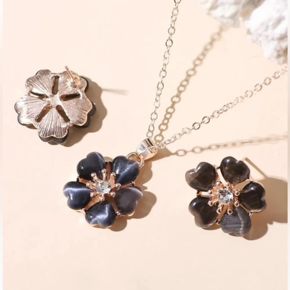 Black Floral Earrings & Necklace Set - Image 4