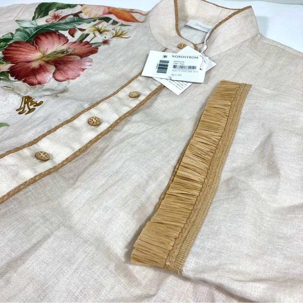 Zimmermann Lexi Tropical Floral Raffia Trim Button Up Shirt Ivory Palm 10 NWT - Image 12