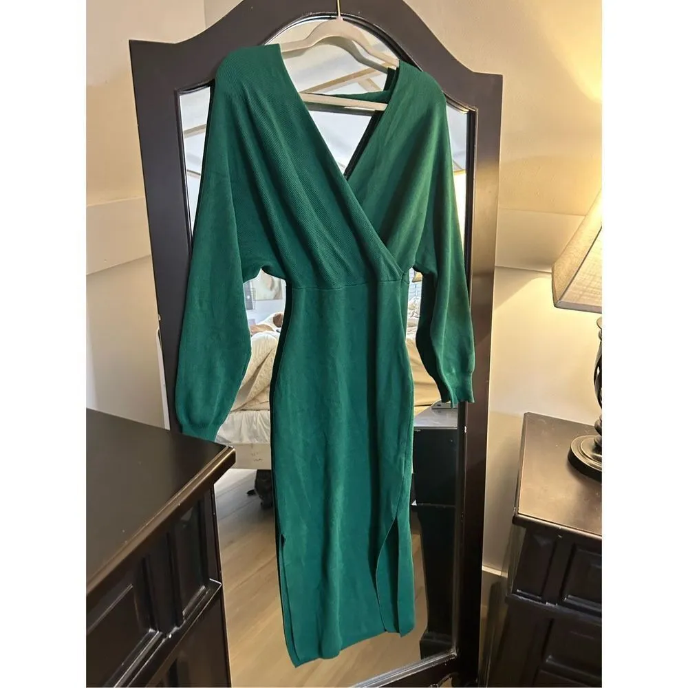 NEW V Neck Sweater Dress Batwing Long Sleeve S NO BELT Green - Image 4