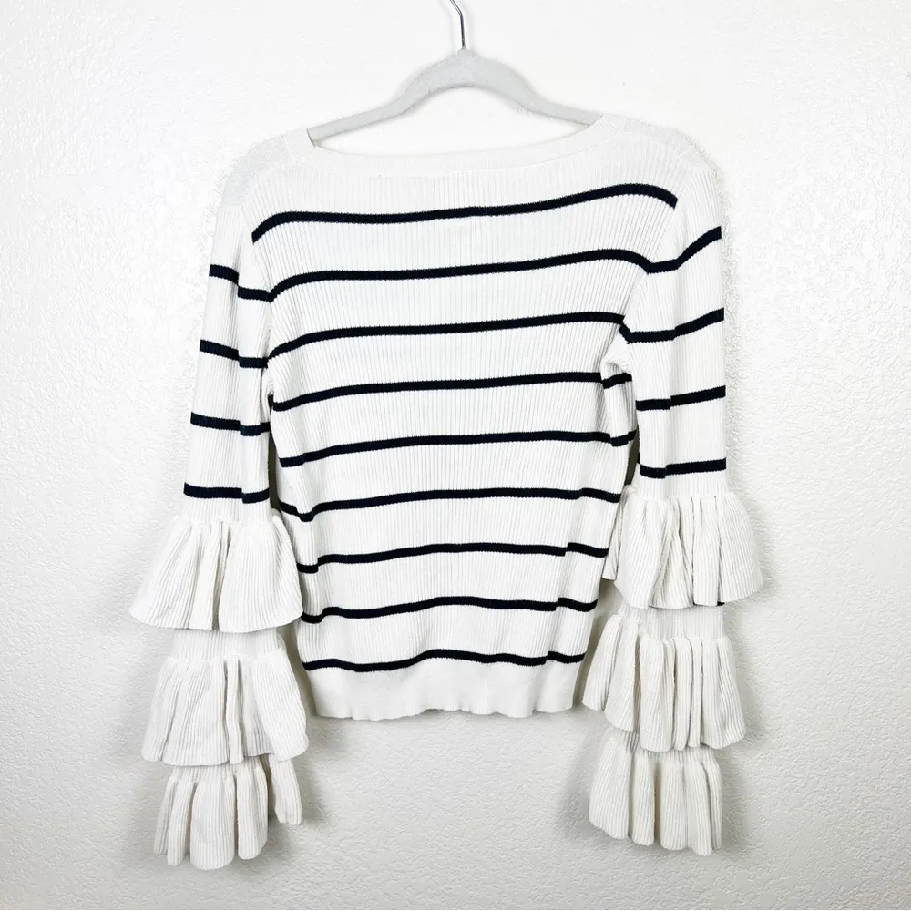 Chaser Ribbed Navy Cream Striped Tiered Ruffle Sleeve Sweater Cotton Size Medium - Image 8