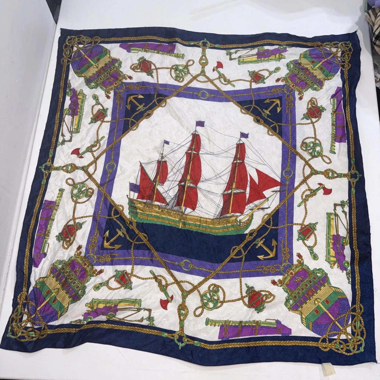 Vintage Nautical Sailboat Flags Chain Print Blue Gold Silk Square Royal Scarf Red - Image 1