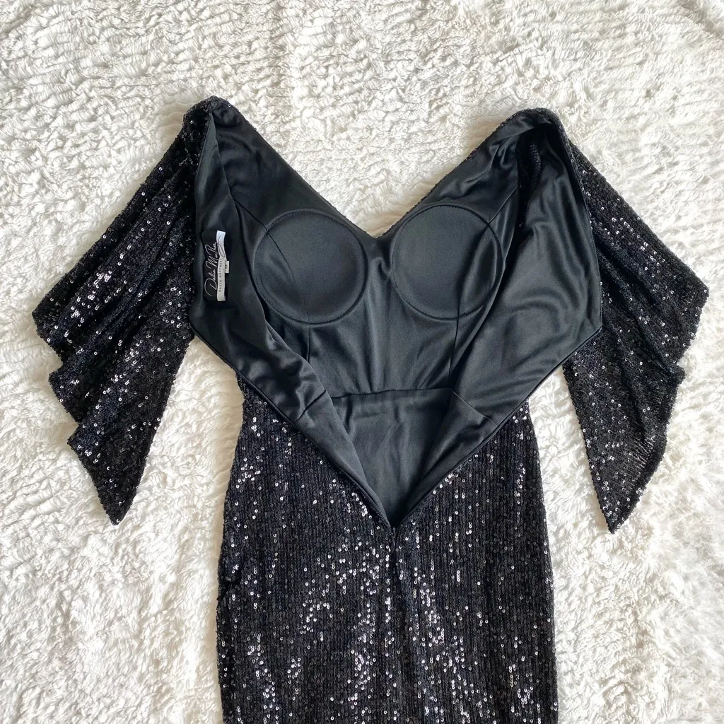 Dalia Macphee Sequin Asymmetrical Ruffle Mini Dress M Witchy Vampire Halloween Black Size M - Image 9