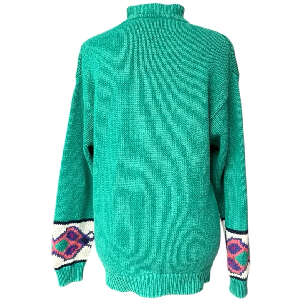 Vintage Green Southwestern Graphic Mock Neck Sweater Size Medium, Retro Aztec - Image 5