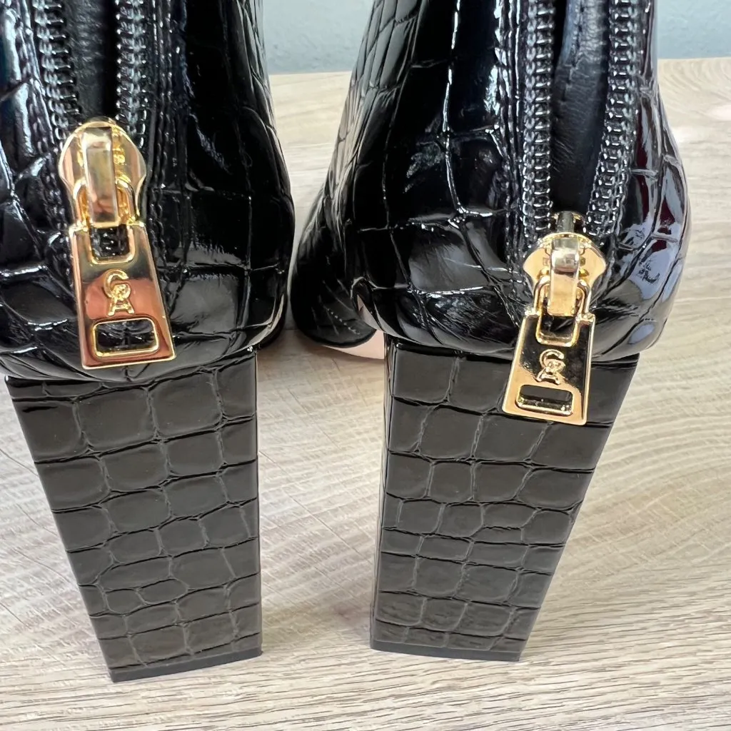 Good American Black Heel Ankle Boot Size 12 Patent Croc Embossed Square Toe NEW - Image 5
