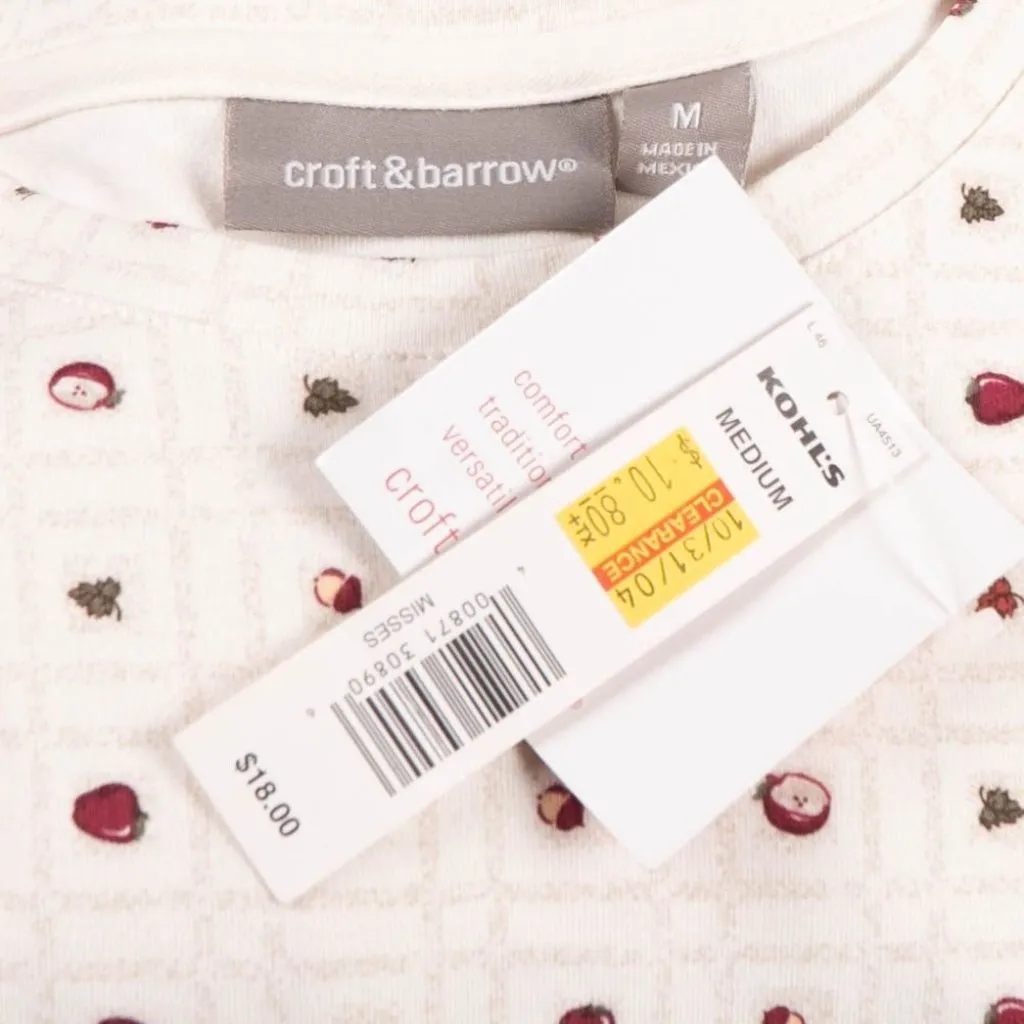 Croft & Barrow Y2K Apple TShirt M Womens New Long Sleeve Cream Fall Teacher - Image 6