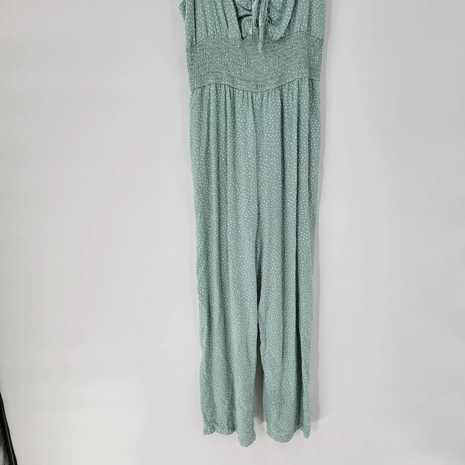 Jessica Simpson Jumpsuit Womens M Green White Polka Dot Wide Leg Smocked‎ Straps - Image 10