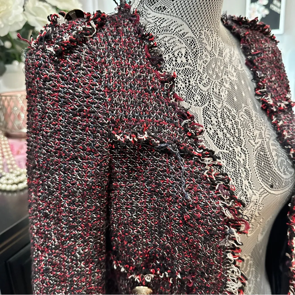 Zara Basic Tweed Longline Coat Jacket XS Black Red Fringe Bouclé - Image 4