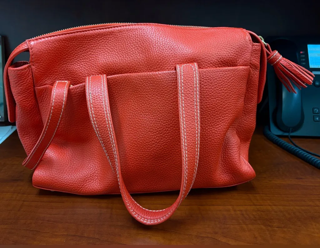 Boden Red Leather Satchel Top Handle Shoulder Bag Tassel Accent Designer Style - Image 1