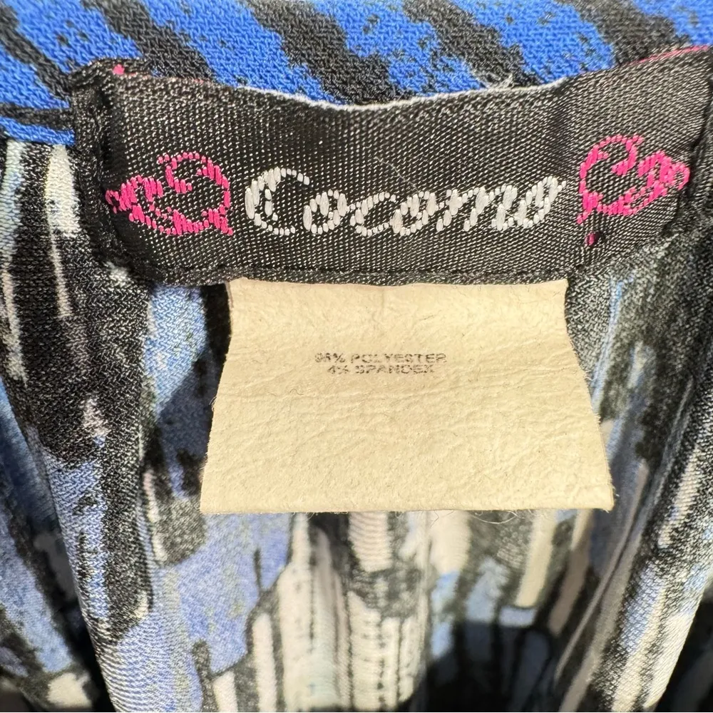 Aztec Ikat Print Ruched Smocked Waist Flutter Sleeve Ruffle Blouse by Cocomo Blue Size L - Image 5