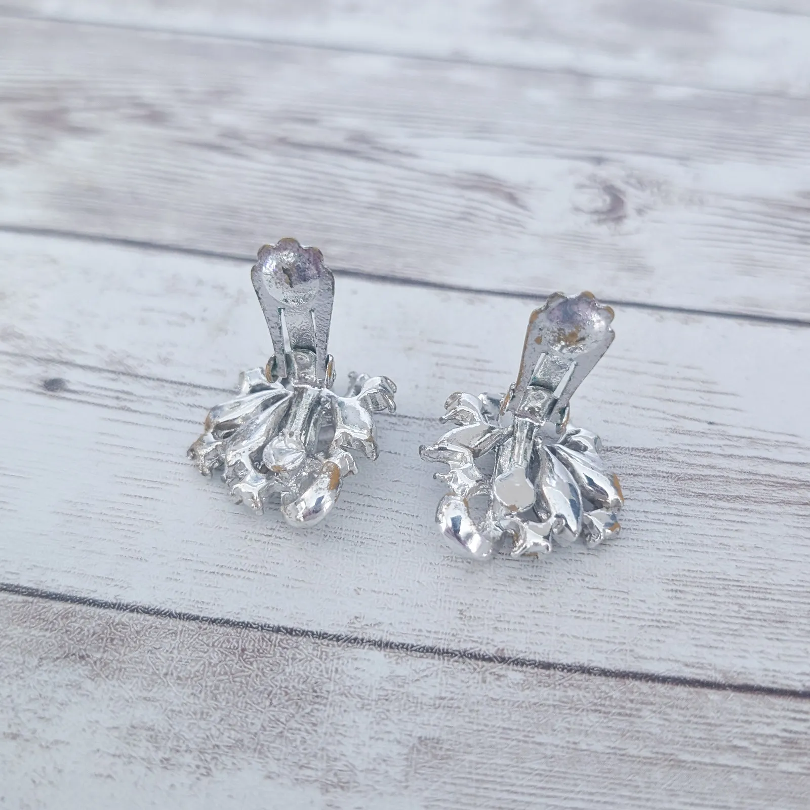 Vintage Clip On Earrings Silver Tone, Clear Gem - Image 5
