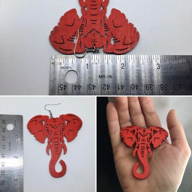 Laser-Cut Wooden Red Elephant Large Hook Earrings Wood Alabama - Image 5