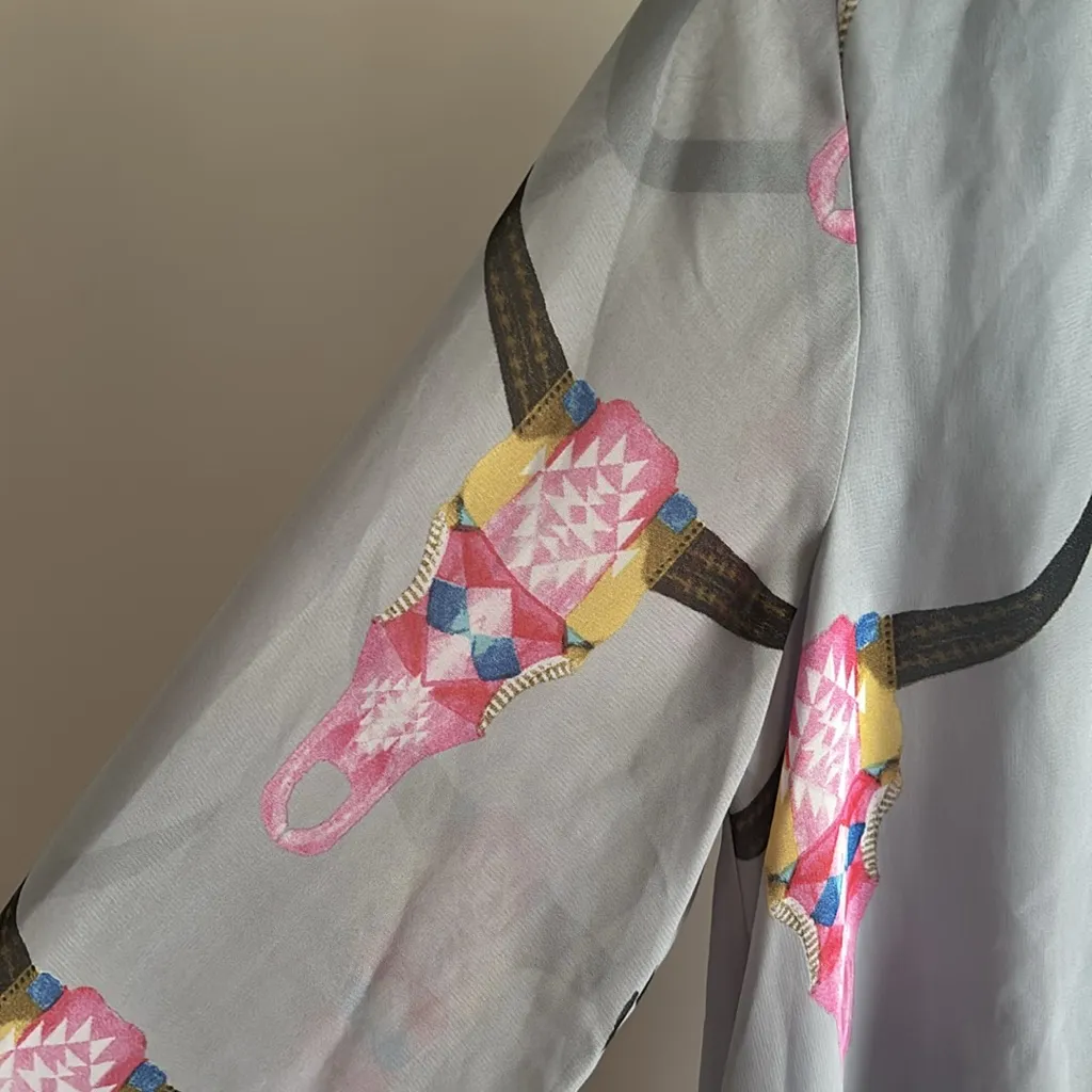 SHOW ME YOUR MUMU Donna Michelle Longhorn Skull Balloon Sleeve Tunic Dress Sz S - Image 5