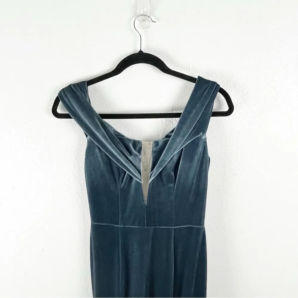 WATTERS Evelyn Steel Blue Stretch Velvet Off Shoulders V - Image 5