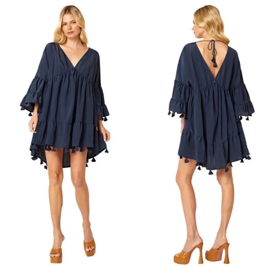 MISA Mahtab Crinkled Bell-Sleeve Mini Dress In Midnight Navy Blue - Image 2