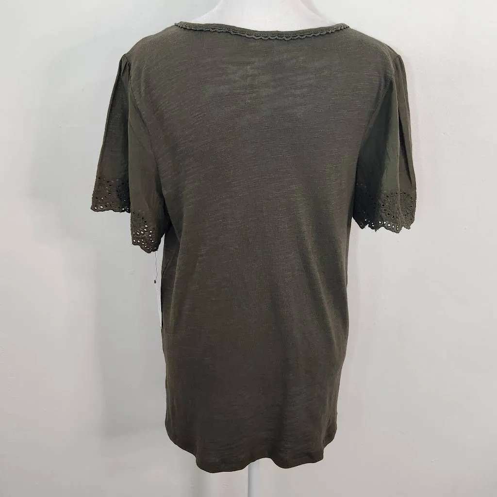 NY Collection Green Knit Top Eyelet Lace Sleeves NWT Size Small Green Blouse - Image 4