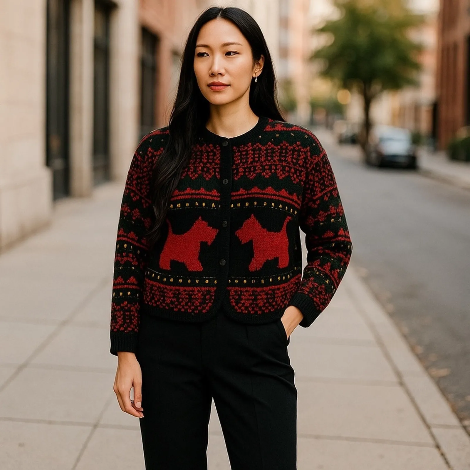 Vintage Casual Corner Scottish Terrier Cardigan M Navy Ugly Christmas Sweater Black Size M - Image 16