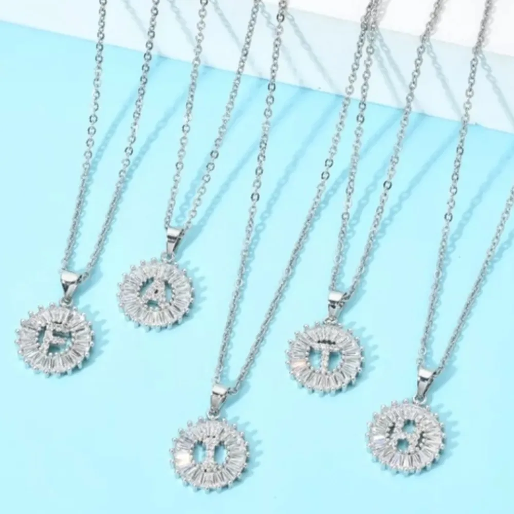 Silver Initial Crystal Pendant Necklace A - Image 2